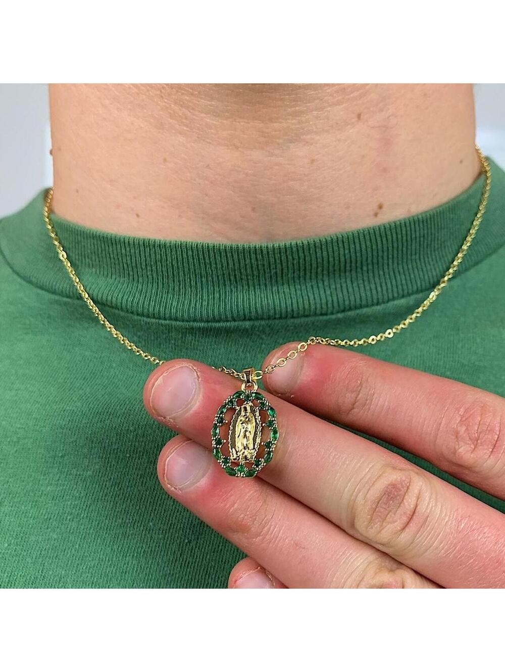 Gold Saint Marry green rhinestone pendant necklace. 19 inches length. Can be - Picture 4 of 7